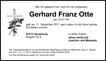 Traueranzeige von Gerhard Franz Otte von Hersbrucker Zeitung